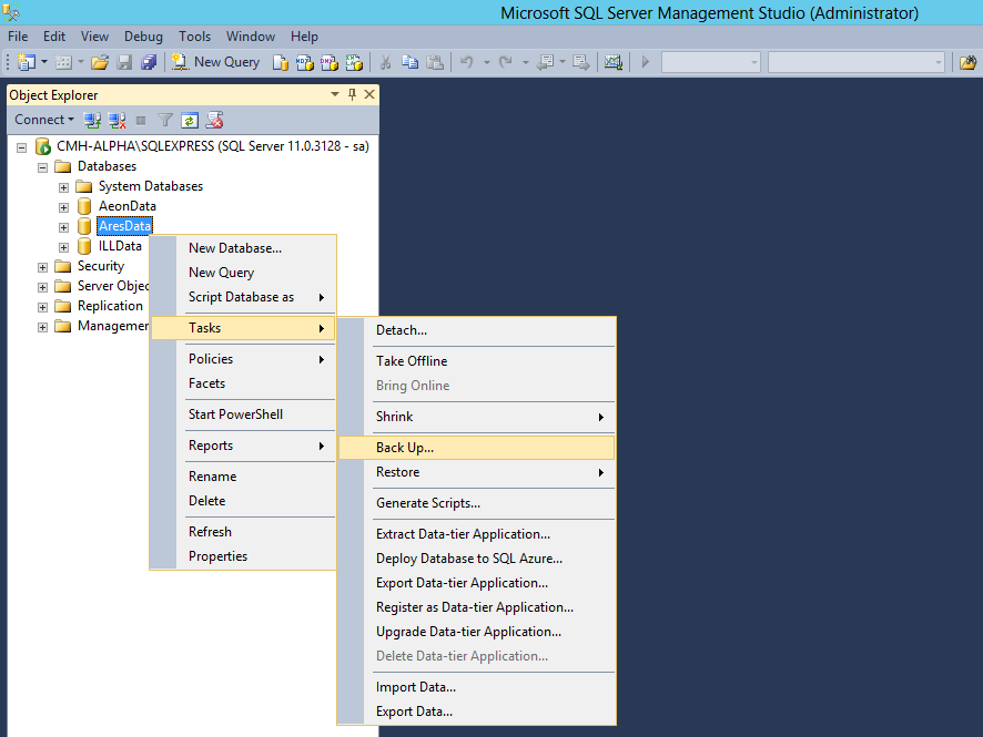 SQL Server Management Studio showing right-click menu with Tasks and Backup Database options