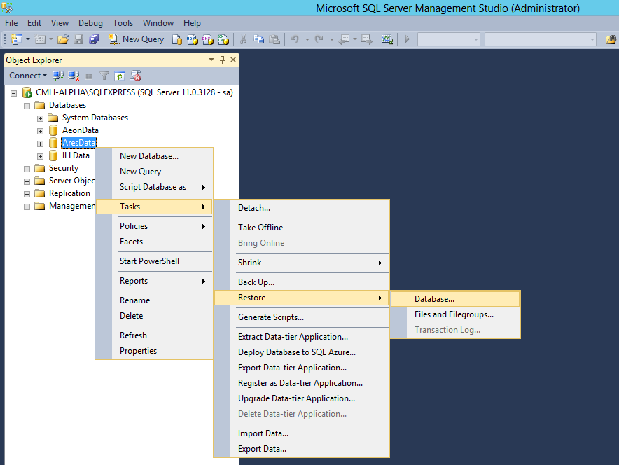 SQL Server restore database dialog showing options to overwrite existing database
