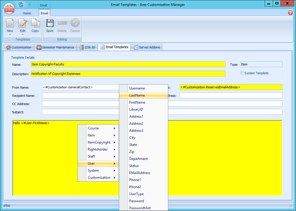 Ares Email Template Text Editor