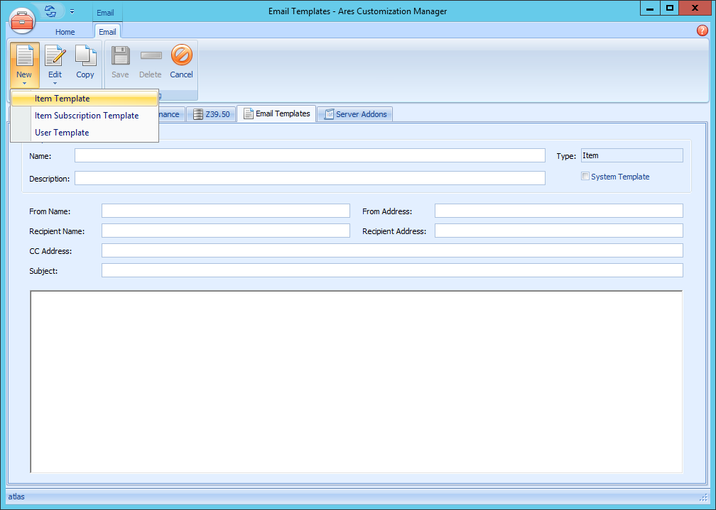 Ares New Email Template Menu