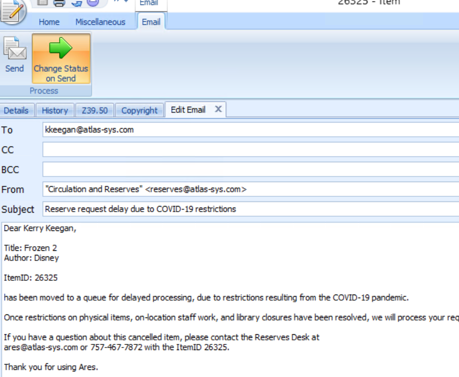 Ares Email Template for Service Disruption