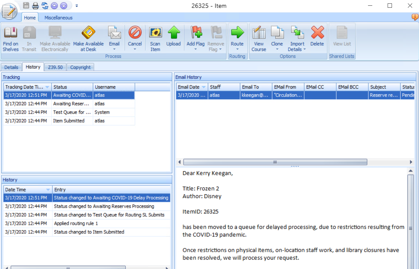 Ares Item with Email History