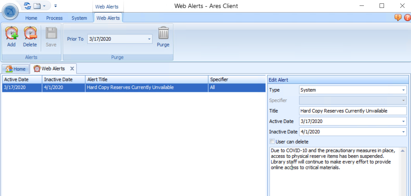 Ares Web Alerts for Service Disruption