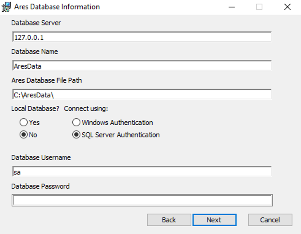 Ares Server Setup Database Information