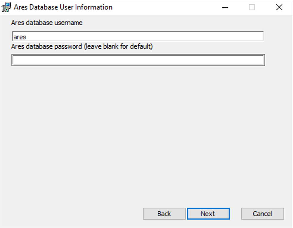 Ares Server Setup Database User Information
