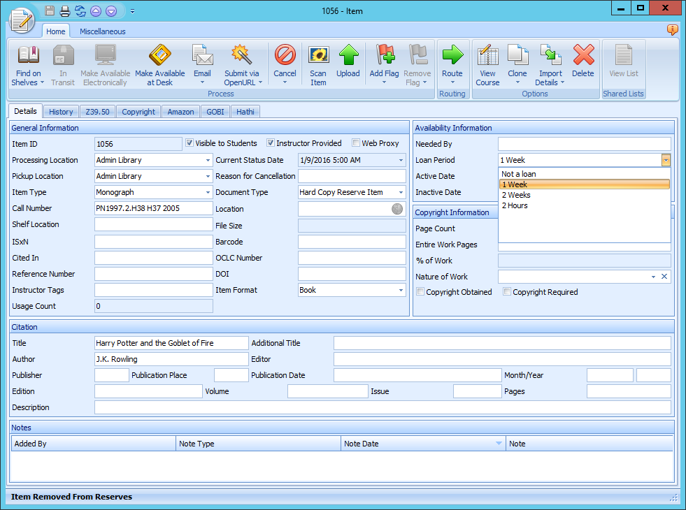 Ares Item Form Loan Period Dropdown