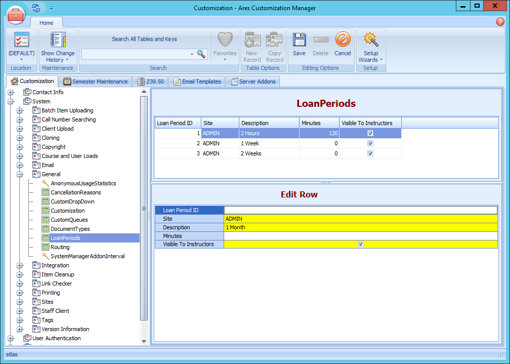 Ares Customization Manager LoanPeriods Table