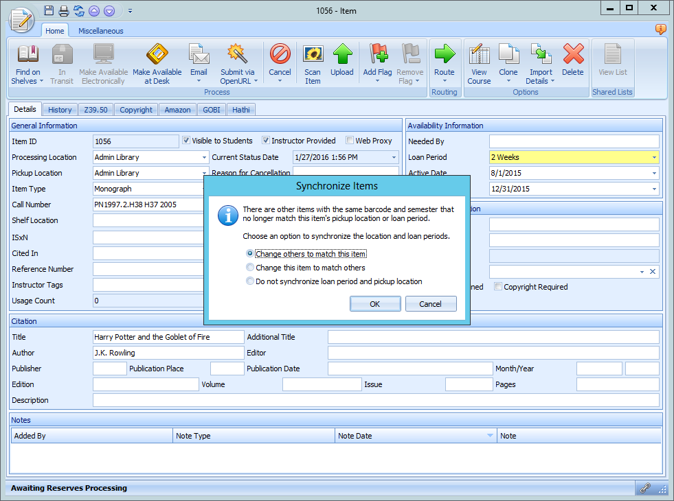 Ares Loan Period Synchronization Dialog
