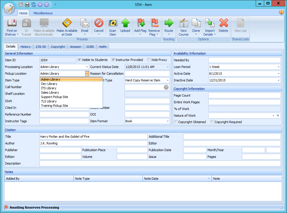 Ares Item Form Pickup Location Dropdown