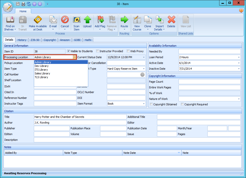 Ares Item Form Processing Location Dropdown