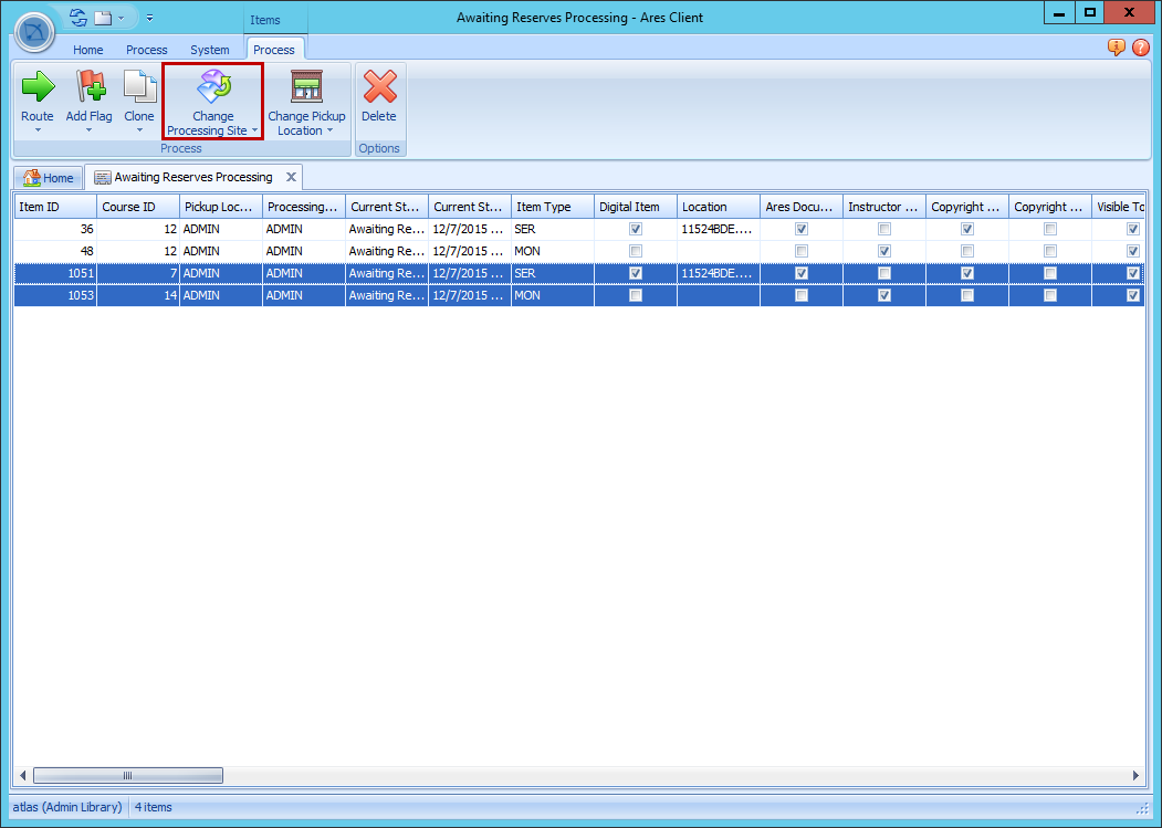 Ares Client Change Processing Site Button