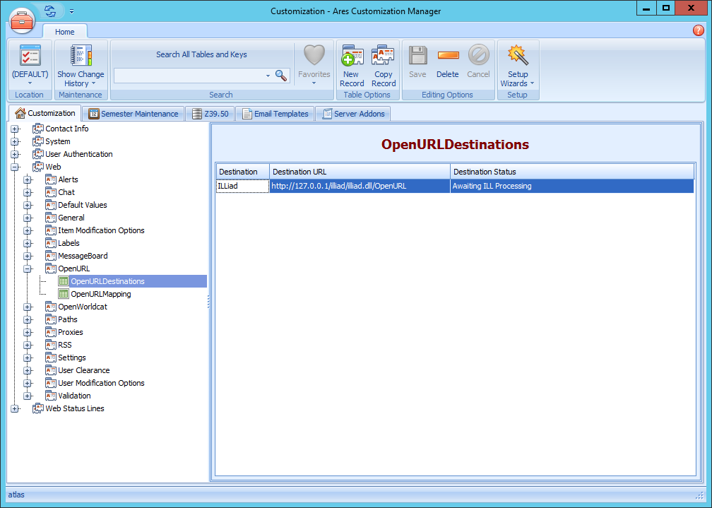 Ares Customization Manager OpenURLDestinations Table