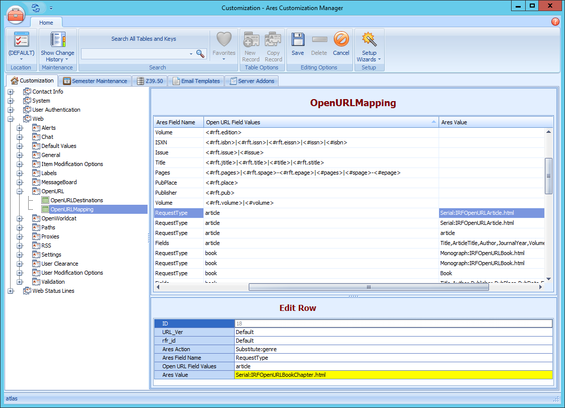 Ares Customization Manager OpenURLMapping Table