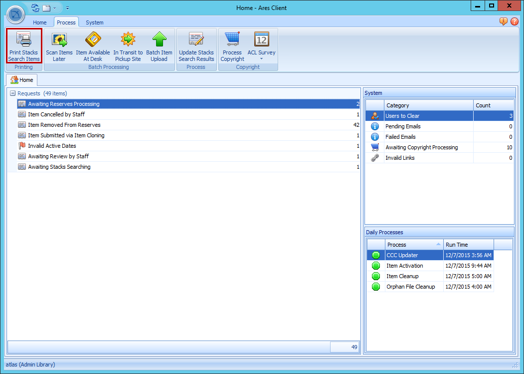 Ares Client Print Stacks Search Items