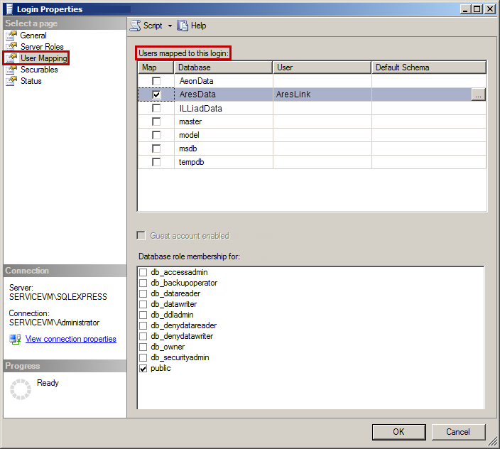 User Mapping page showing AresData database