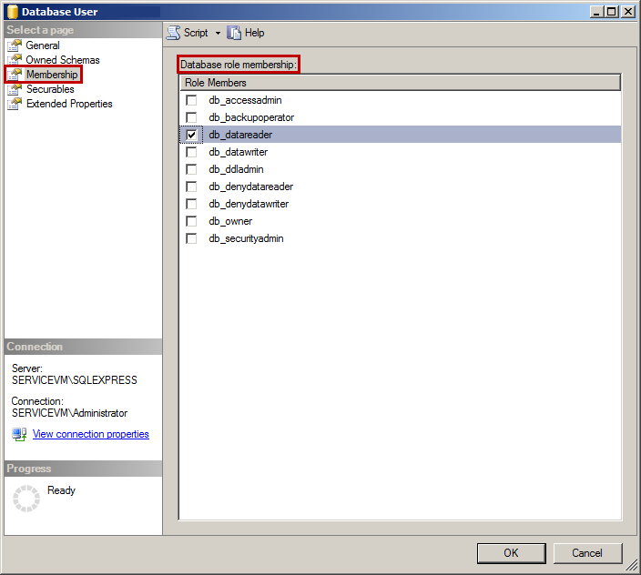 Database User properties Membership page