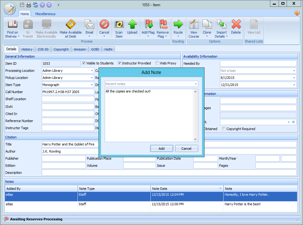 Ares Item form Add Note dialog