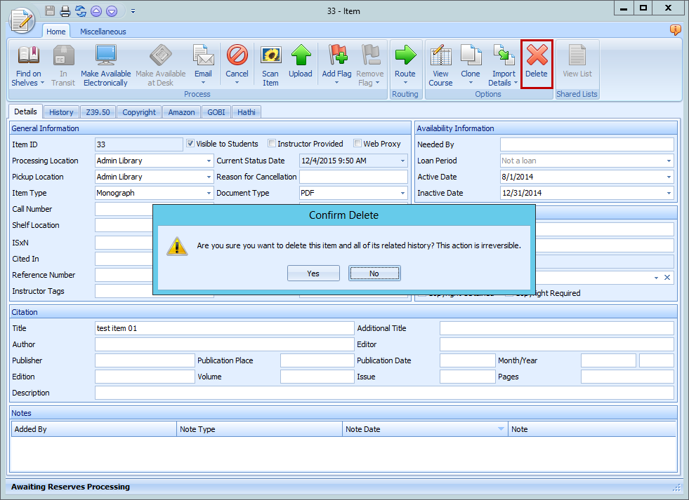 Ares Item form Delete button and confirmation