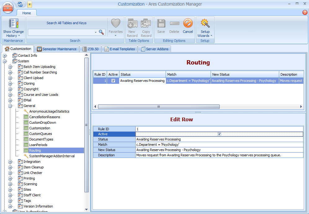 Ares Customization Manager Routing table