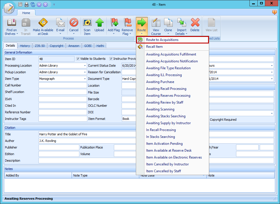 Ares Item form Route to Acquisitions menu