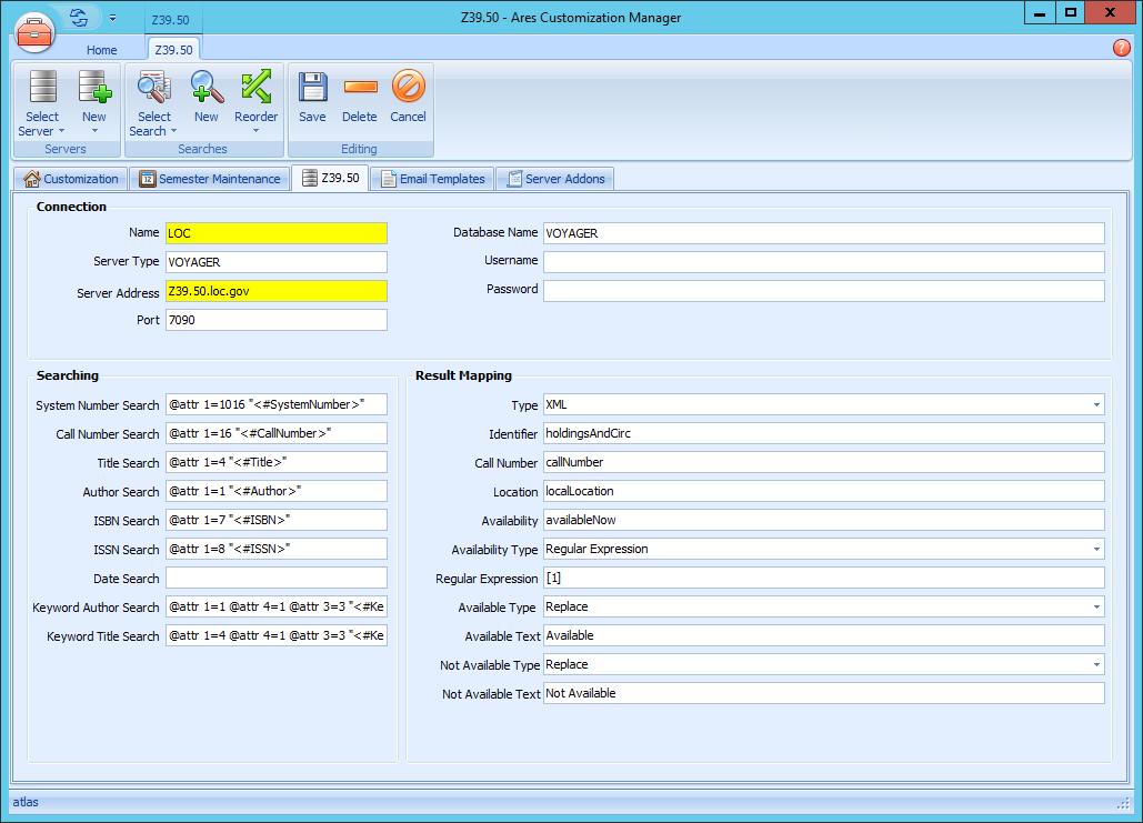 Ares Z39.50 server configuration form