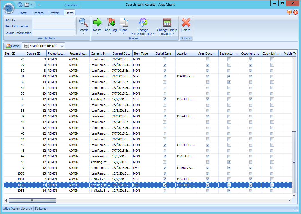Ares Item search results grid