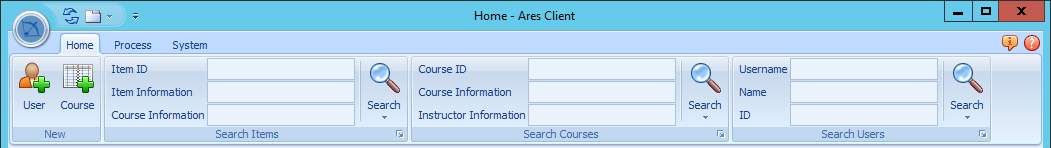 Ares search ribbon with Items Courses Users