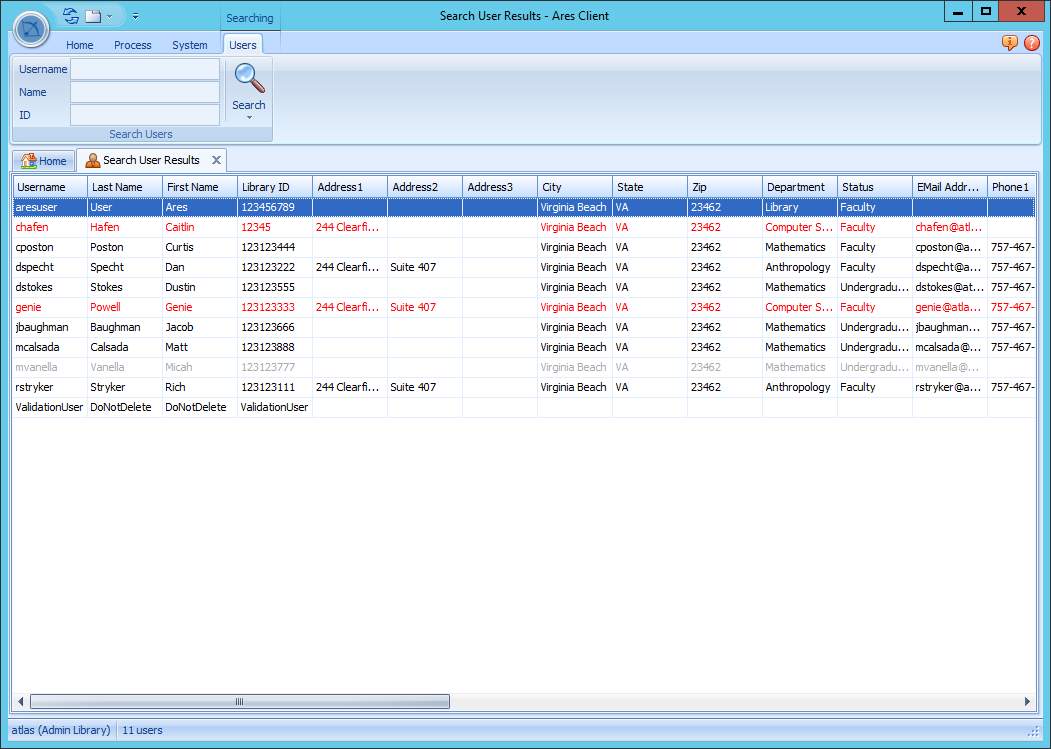 Ares Users search results with color coding