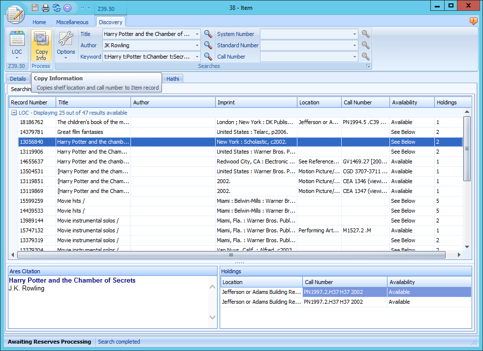Z39.50 results with Holdings and Copy Info