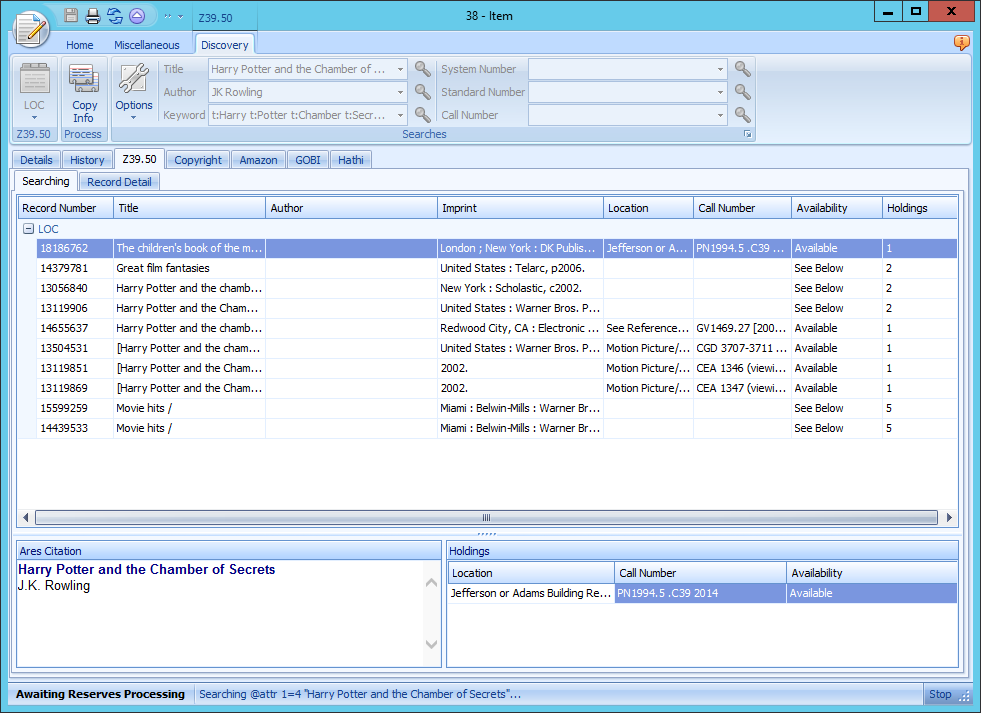 Z39.50 search tab with results grid