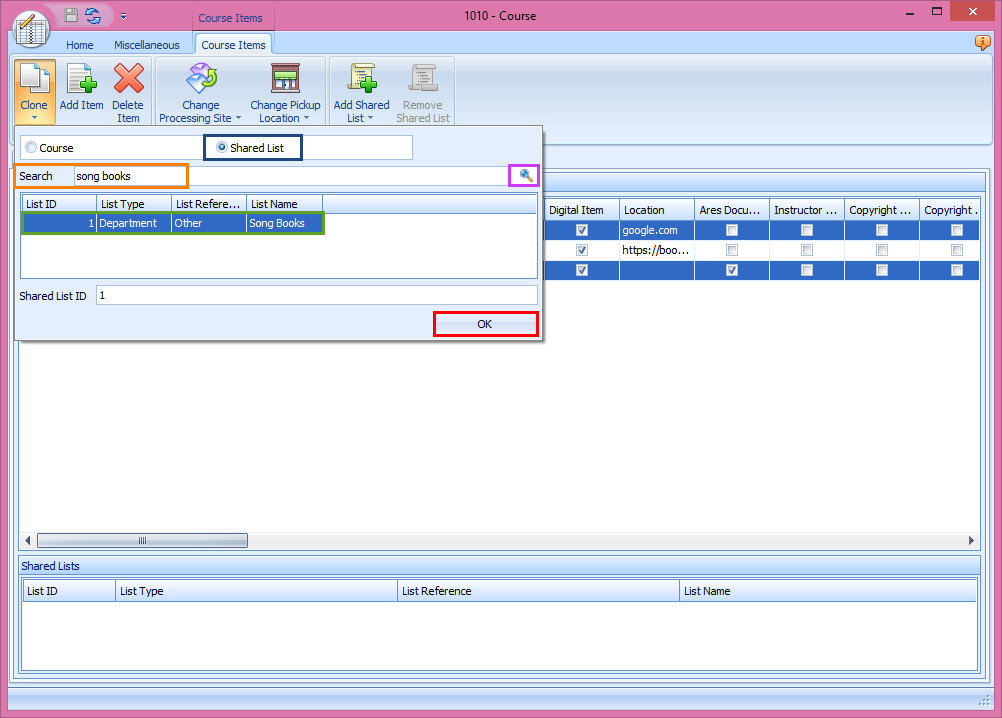 Clone dialog showing Shared List selection
