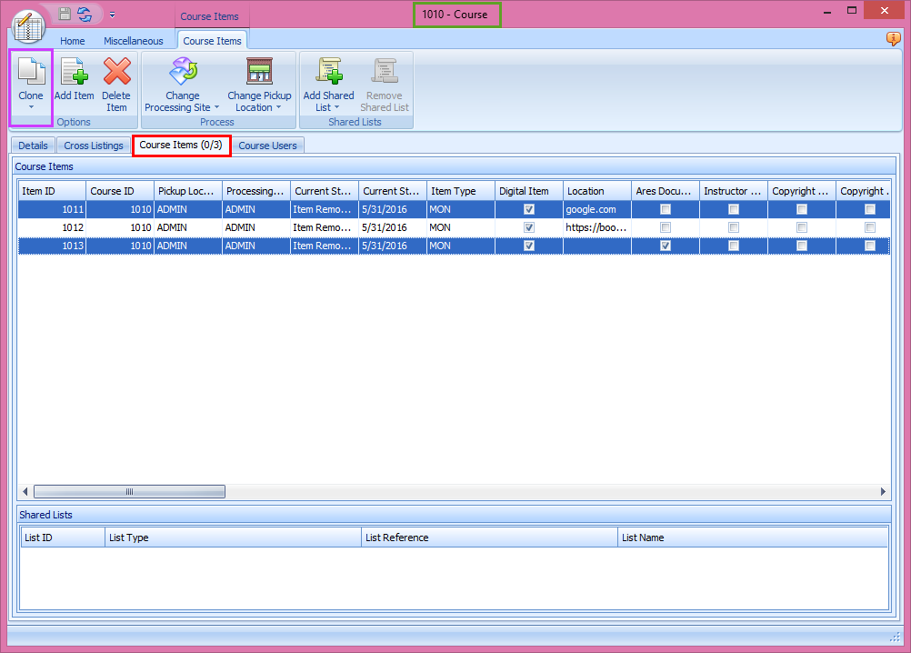 Ares Course Items tab with Clone button