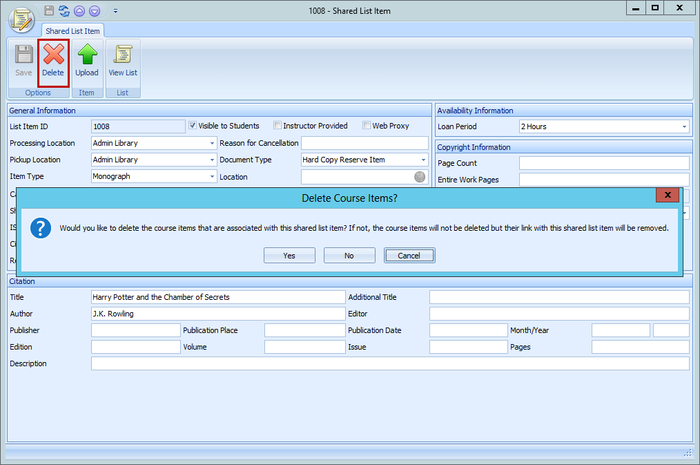 Shared List Item delete dialog