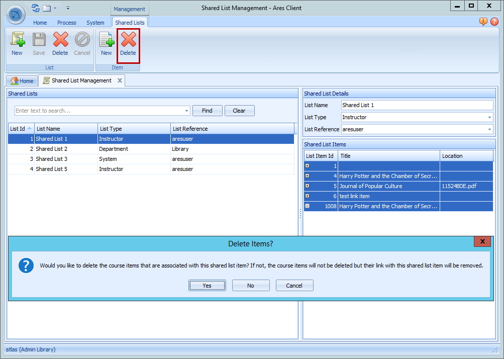 Shared List Management delete item dialog