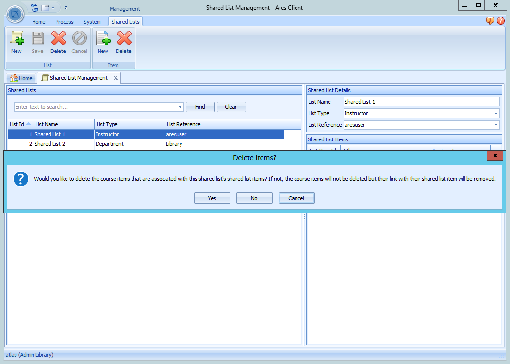 Shared List Management delete list dialog