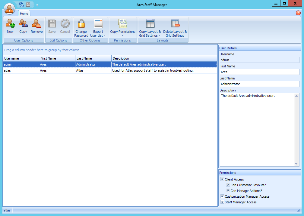Ares Staff Manager with User grid and Permissions