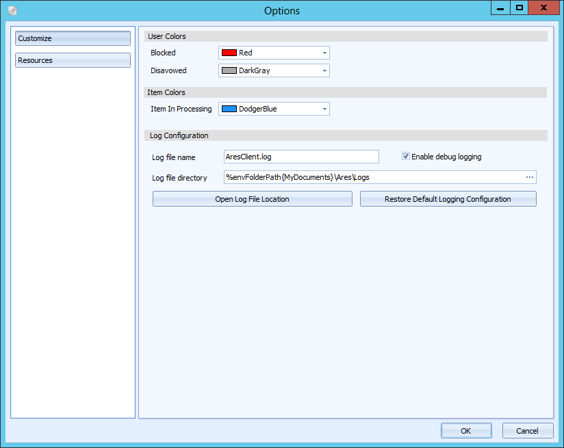 Ares Client Options dialog with Log Configuration