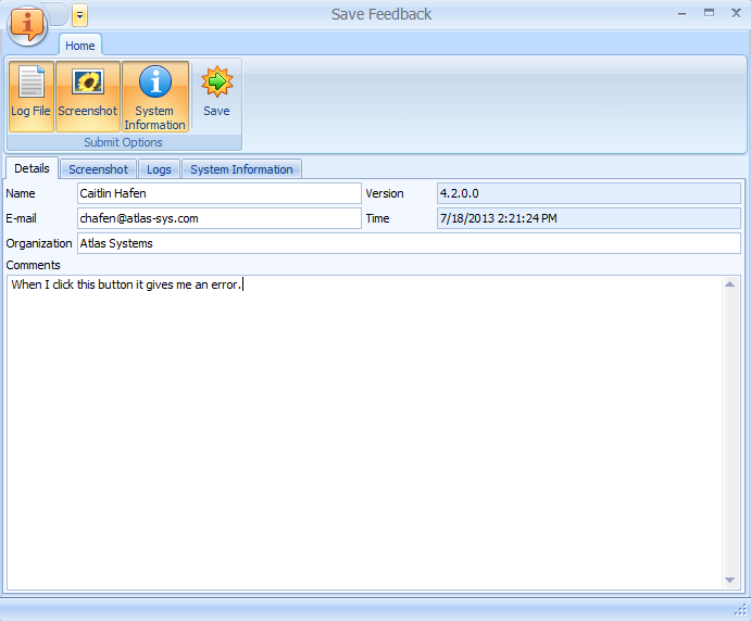 Ares Save Feedback dialog