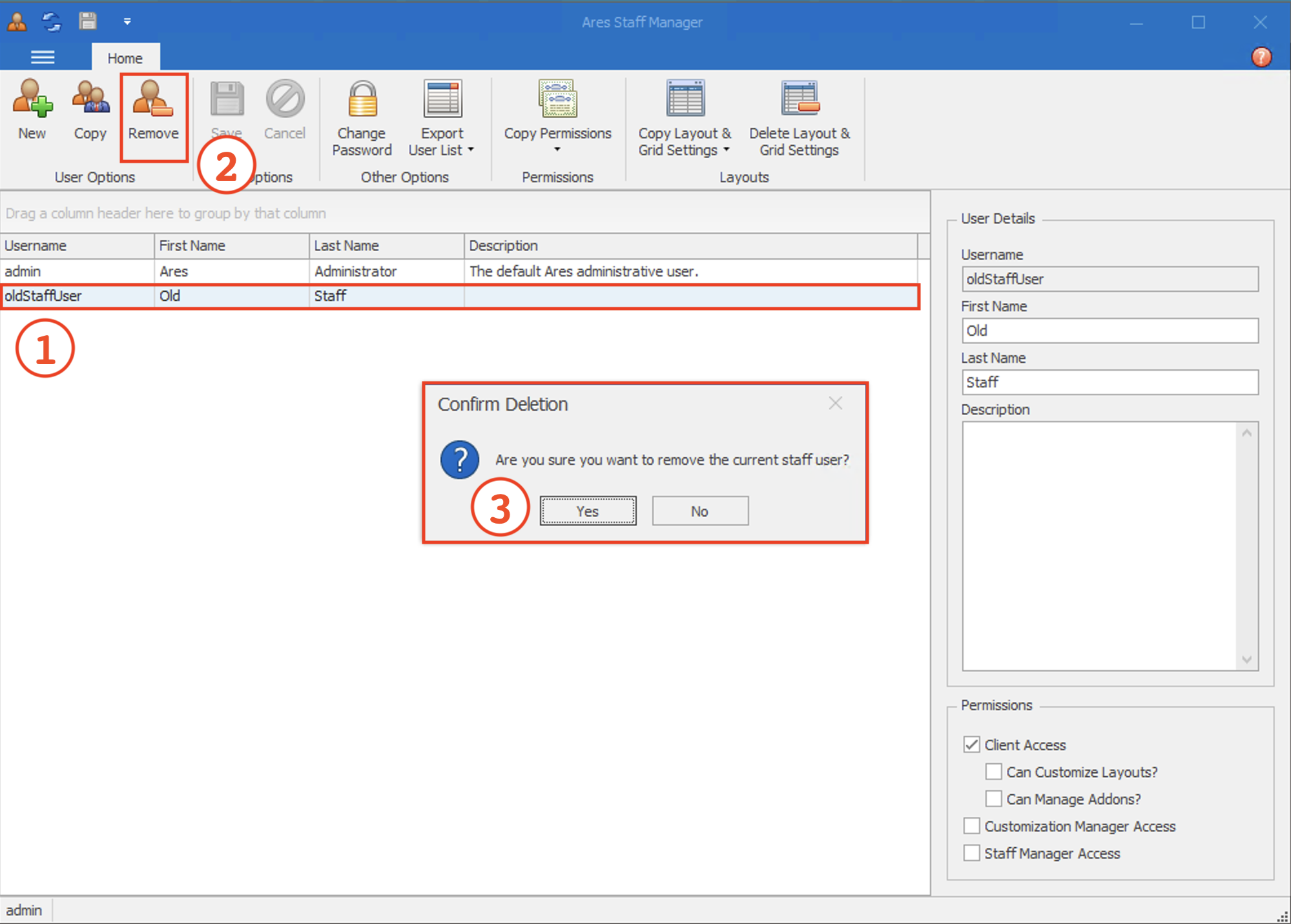 Ares Staff Manager Remove button with confirmation