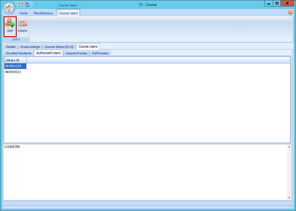 Ares Course Users tab Authorized Users Add button
