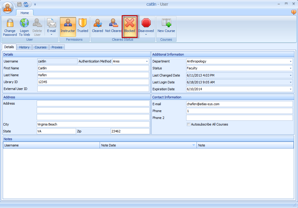 Ares User form Blocked button