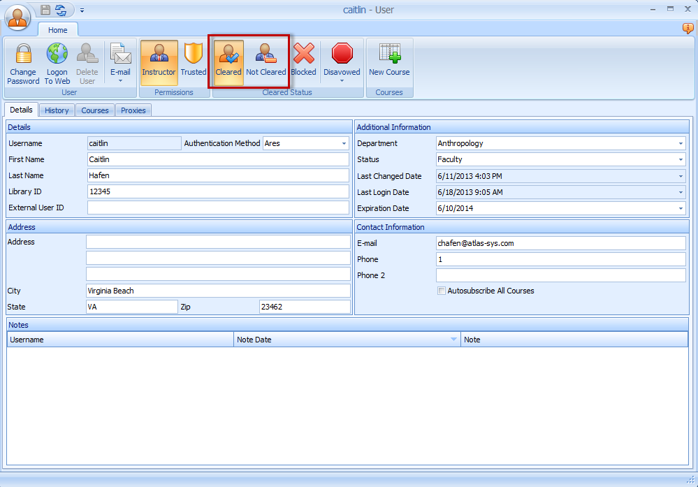 Ares User form Cleared button