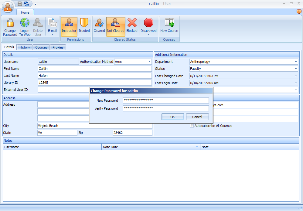 Ares User form Change Password dialog
