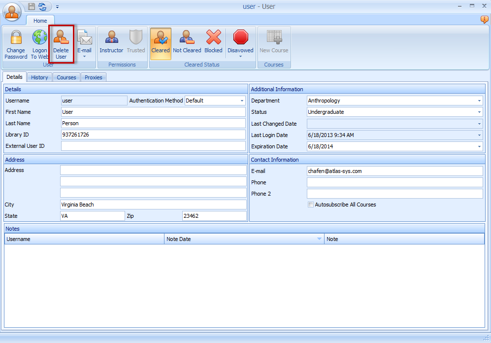 Ares User form Delete User button