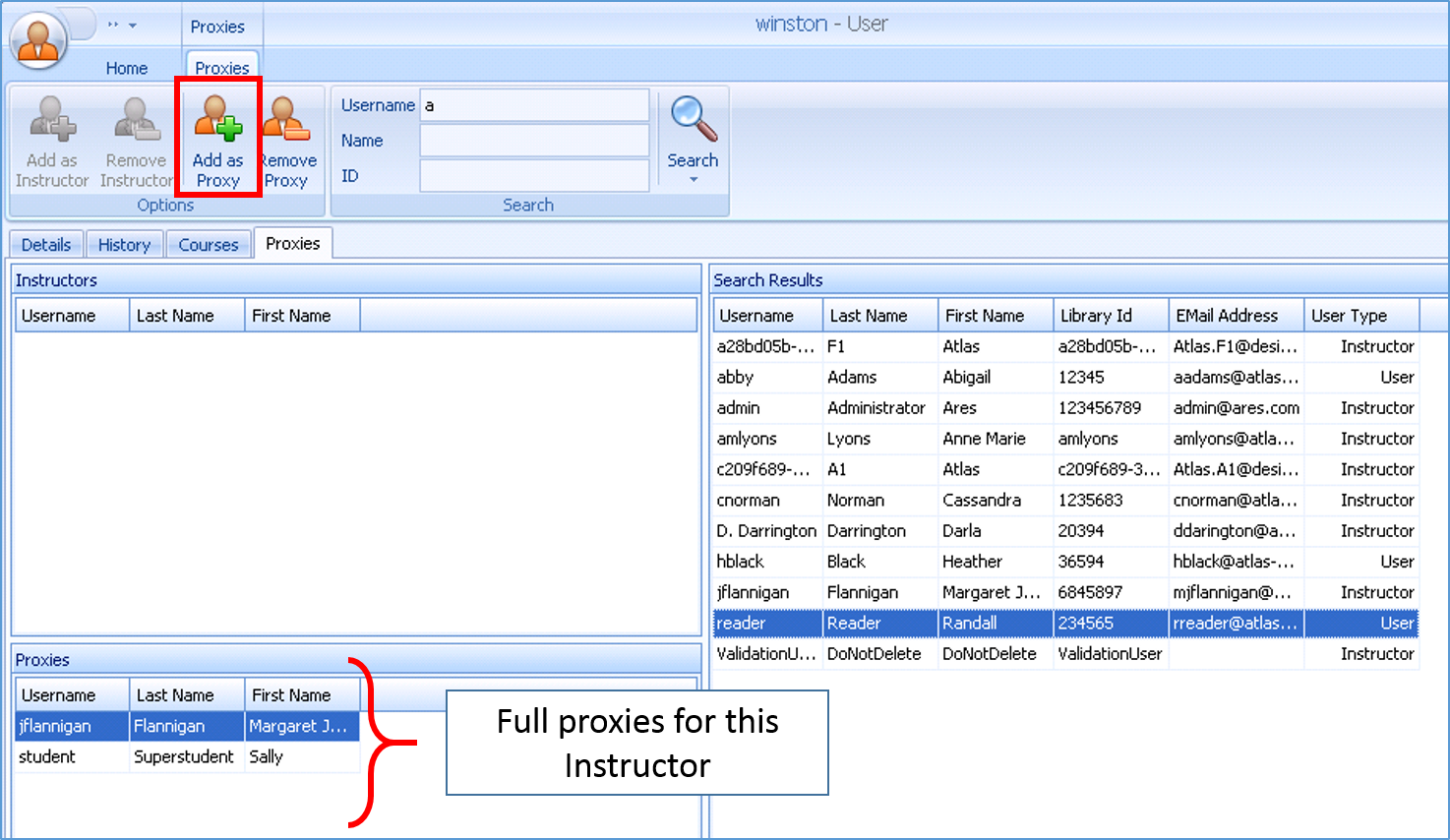 Ares User form Proxies tab instructor view