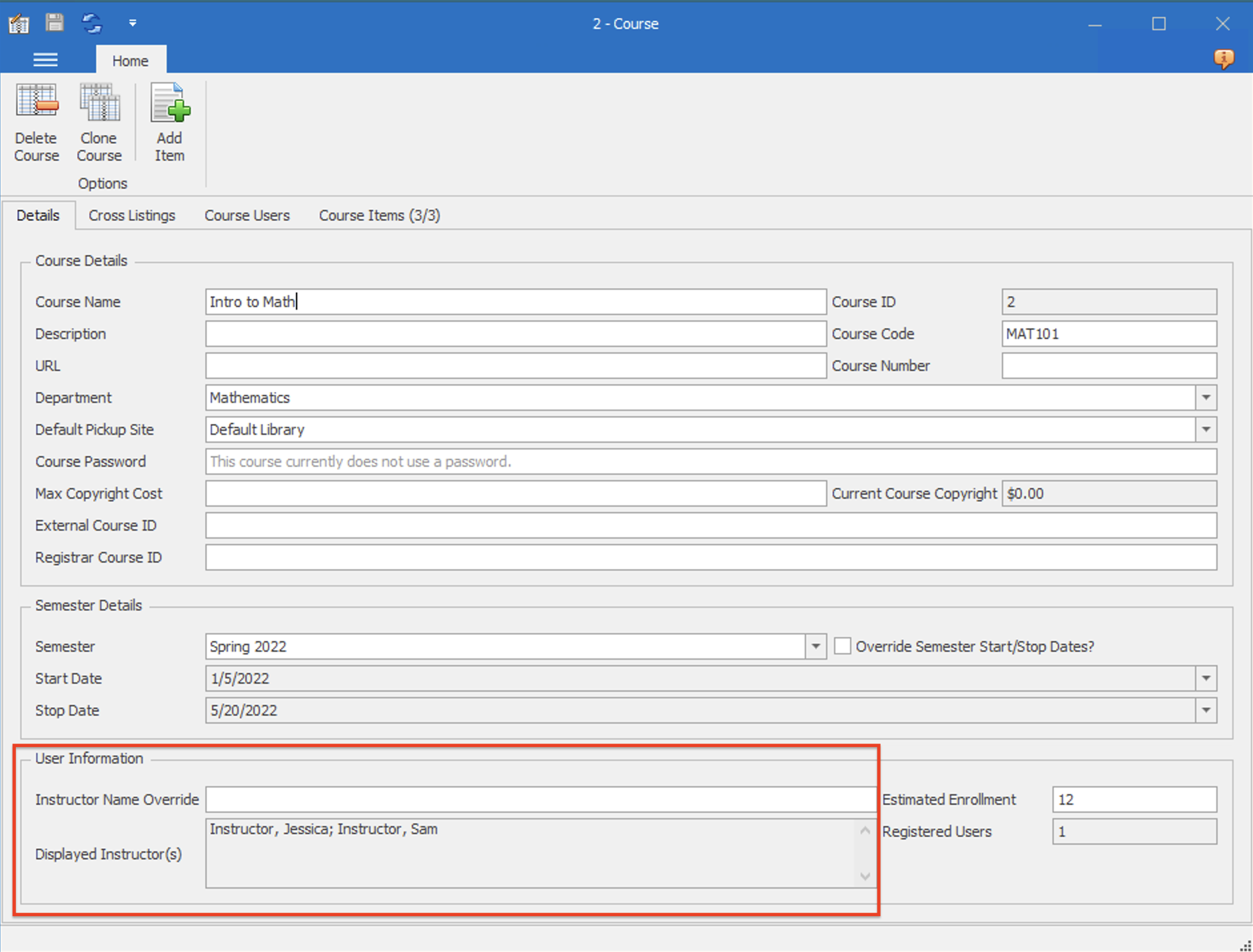 Ares Course form Details tab showing instructor information