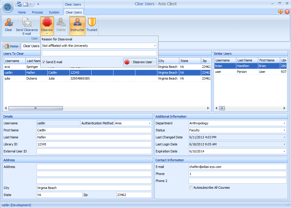Ares Clear Users form Disavow option