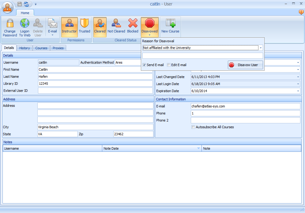 Ares User form Disavowed button and dialog