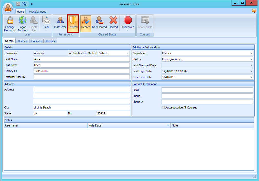 Ares User form Trusted button