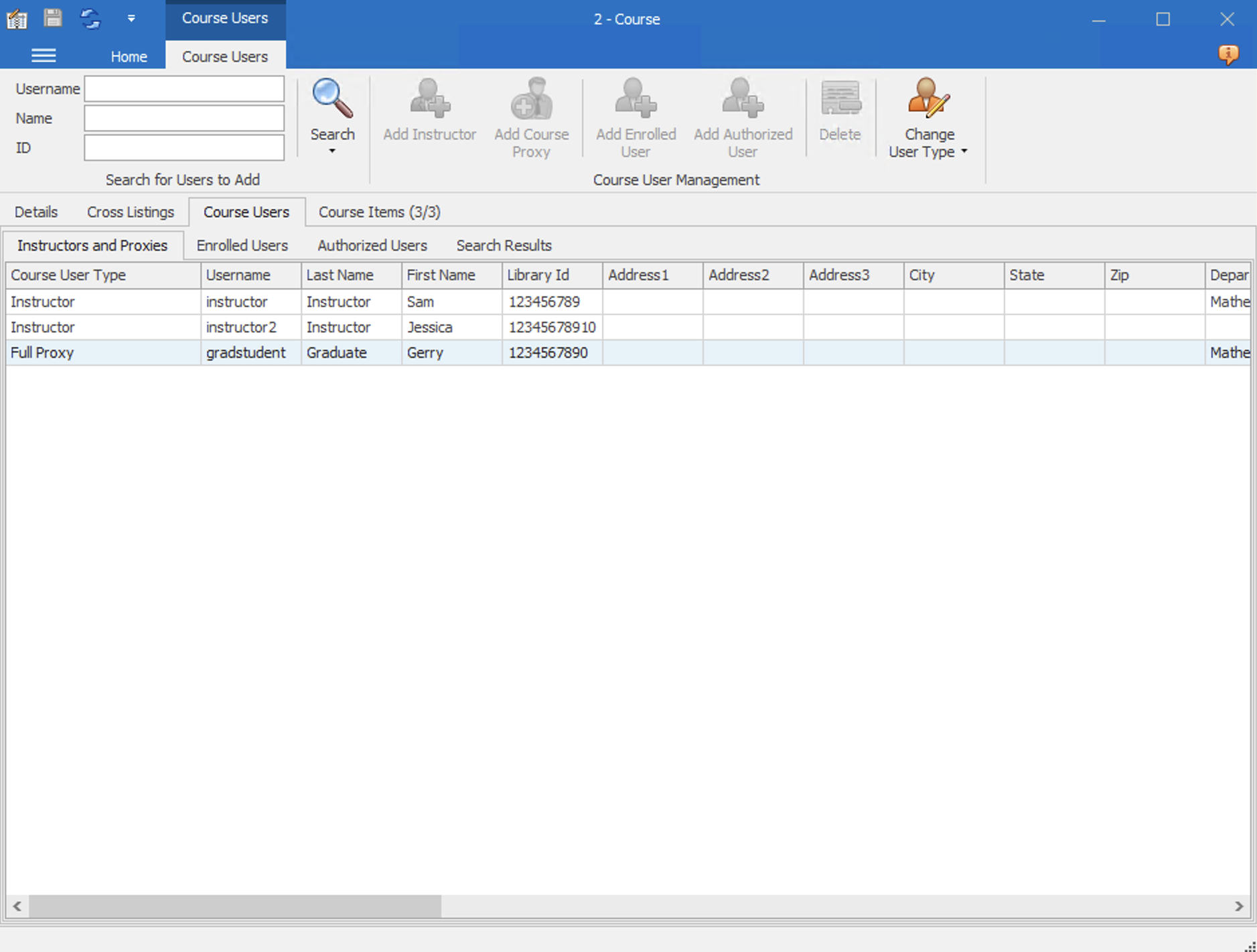 Ares Course form Course Users ribbon